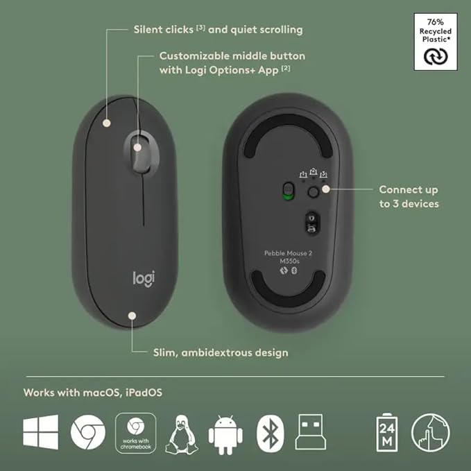 Logitech Pebble 2 Combo Wireless Keyboard and Mouse Bundle, Compact Slim Design, Bluetooth & Logi Bolt, Silent Scissor Keys, Multi-Device Pairing, Windows Mac iPad Chrome - Graphite, Includes Cloth