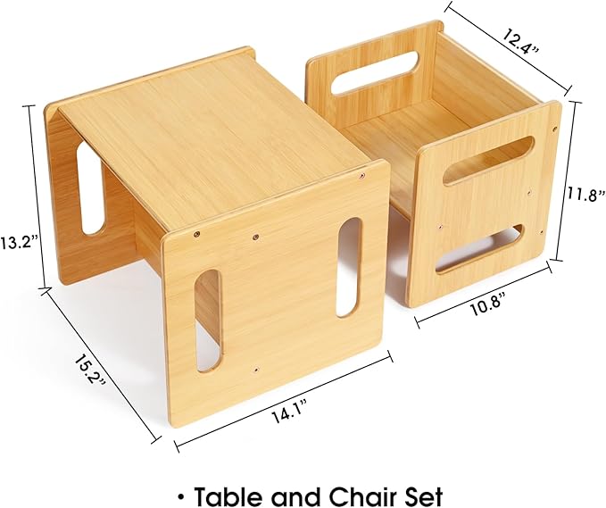 Kids Table and Chair Set, Montessori Weaning Table and Chair,Natural Bamboo Small Desk Chair,Toddler Activity Table and Chair Set for 1-3 Year Old Kids Dinner,Reading,Playing Toys, CPC Certified