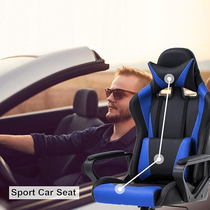 BestOffice High-Back Gaming Chair PC Office Chair Computer Racing Chair PU Desk Task Chair Ergonomic Executive Swivel Rolling Chair with Lumbar Support for Back Pain Women, Men,Blue