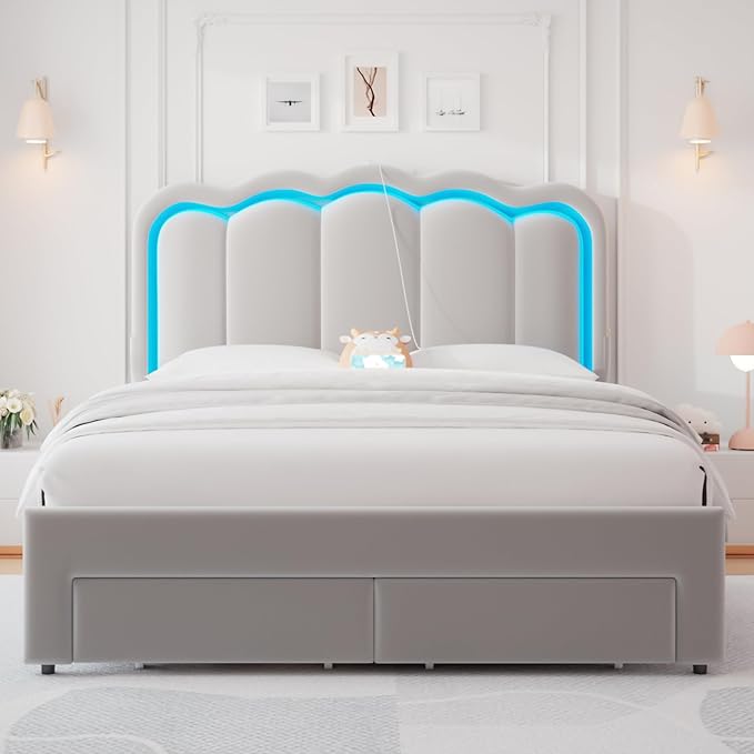 Full Upholstered LED Bed Frame with 2 Storage Drawers and Adjustable Chic Double Wavy Headboard, Velvet Prince Platform Bed with Charing Station, Solid Wood Slats Support,No Box Spring Needed,Grey