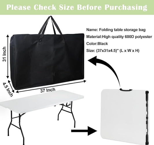 4/6/ 8 Foot Folding Table Storage Bag, Waterproof Heavy Duty Large Carrying Bag for Folding Tables, Picnic/Camp Tables Cover with Durable Zipper & Shoulder Strap, 31" D X 37" W X4.5 H, Black