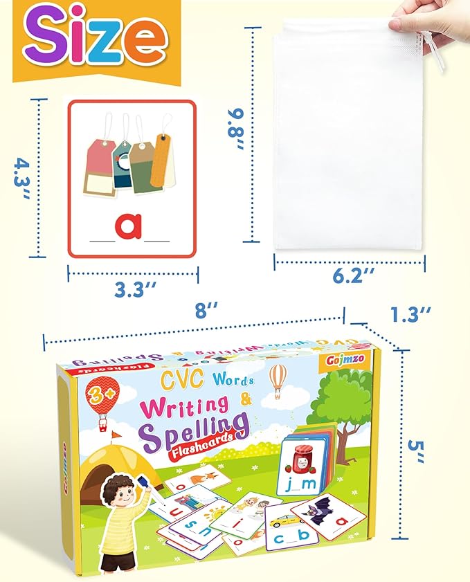 Gojmzo CVC Word Writing & Spelling Flash Cards, Preschool Learning Toddler Activities, Kindergarten Homeschool Supplies, Sight Words Reading Game, Montessori Educational Toys for 3 4 5 6 Year Old Kids