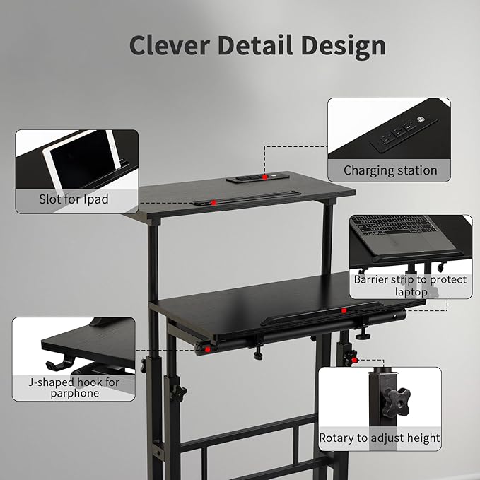 Hadulcet Mobile Standing Desk with Charging Station, Adjustable Standing Computer Desk, Standing Adjustable Laptop Cart with Wheels for Home Office Classroom Black