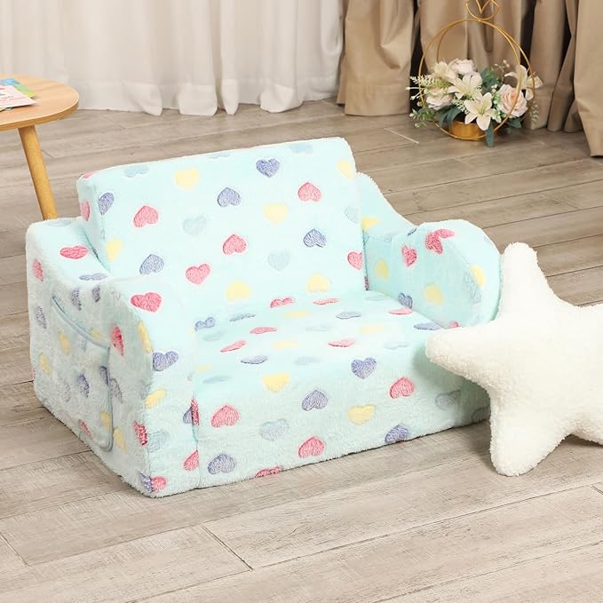 Toddler Couch, 2-in-1 Toddler Soft Couch Fold Out with Star Pillow, Convertible Sofa to Lounger for Girls and Boys, 1-Seat