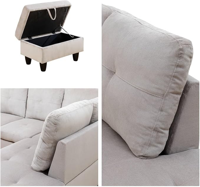 Convertible Sectional Couch, Large L Shaped Couch with Storage, Modern Modular 5-Seat Sectional Sofa with Ottomans for Living Room and Office, Grey White