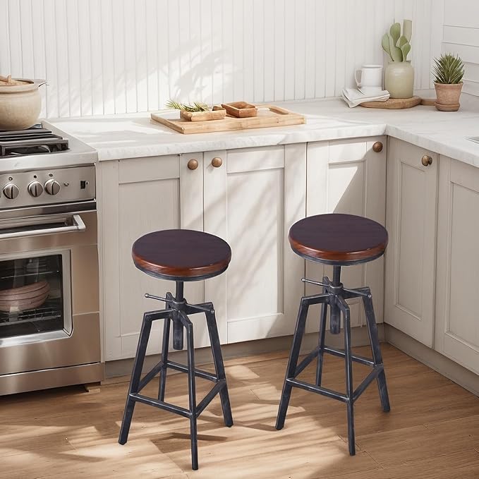 Set of 2 Industrial Bar Stools 25.6-30.5inch Counter Bar Height Adjustable Swivel Wooden Seat Kitchen Dining Chairs