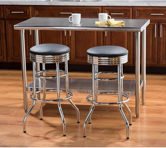 TRINITY Heavy Duty 30-Inch Backless Swivel Bar Stool for Kitchen, Garage, or Workshop, Chrome Finish with Faux Leather Seat, 2 Pack Pre-Assembled, Black