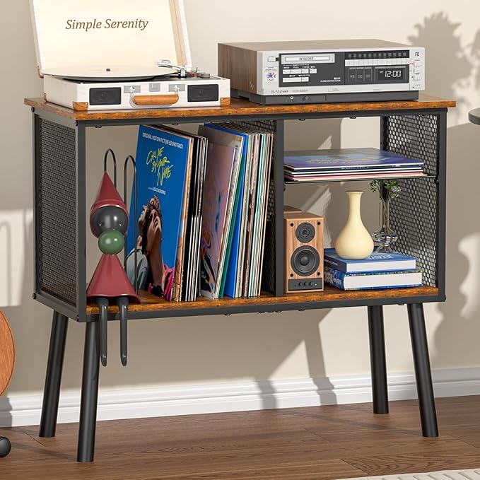 Record Player Stand with Adjustable Divider, Vinyl Storage Holder Up to 200 Albums, Mid-Century Large Record Player Table, Vinyl Holder Turntable Stand End Table Storage Rack for Bedroom & Living Room