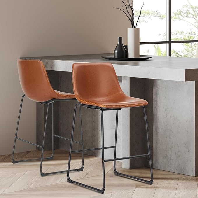 DUMOS 26 Inch Counter Height Bar Stools Set of 2, Modern Faux Leather High Barstools with Back and Metal Leg, Bar Chairs for Kitchen lsland, Brown