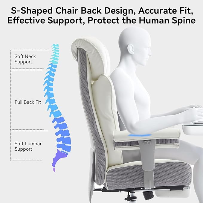 Efomao Big and Tall Office Chair 450LBS with Foot Rest, High Back PU Leather Executive Office Chair with Adjustable Padded Armrests, Lumbar Support for Home or Work, Heavy Duty Computer Chair, White