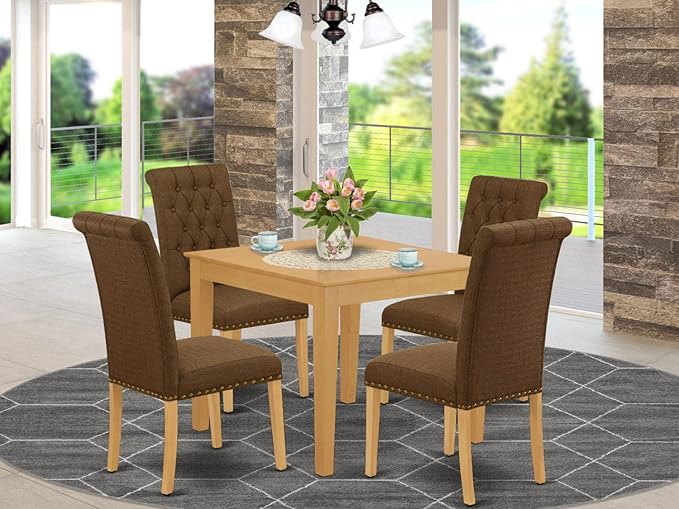 East West Furniture OXBR5-OAK-18 5 Piece Dining Room Furniture Set Includes a Square Dining Table and 4 Brown Linen Linen Fabric Upholstered Chairs, 36x36 Inch, Oak