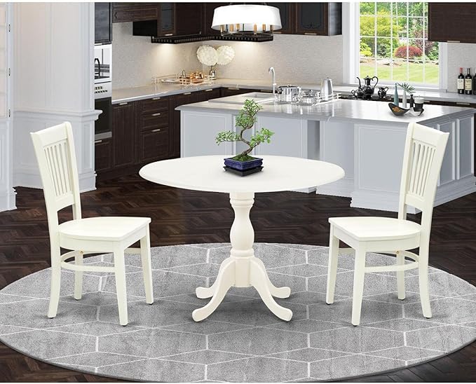 East West Furniture DMVA3-LWH-W 3 Piece Kitchen Table & Chairs Set Contains a Round Dining Room Table with Dropleaf and 2 Dining Chairs, 42x42 Inch, Linen White
