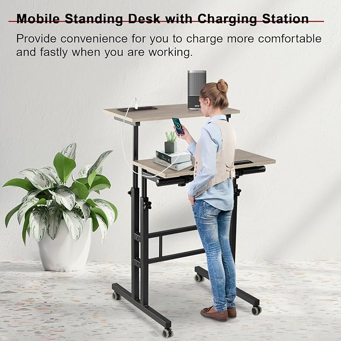 Hadulcet Mobile Standing Desk with Charging Station, Adjustable Standing Computer Desk, Standing Adjustable Laptop Cart with Wheels for Home Office Classroom Light Grey