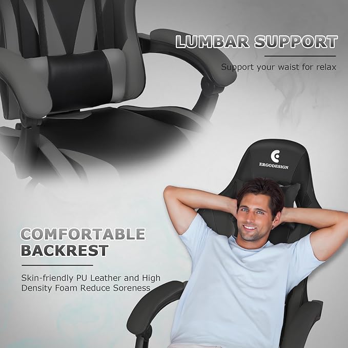 Gaming Chair with Linkage Armrest & Footrest, High Back Video Gaming Chair, Black/Grey