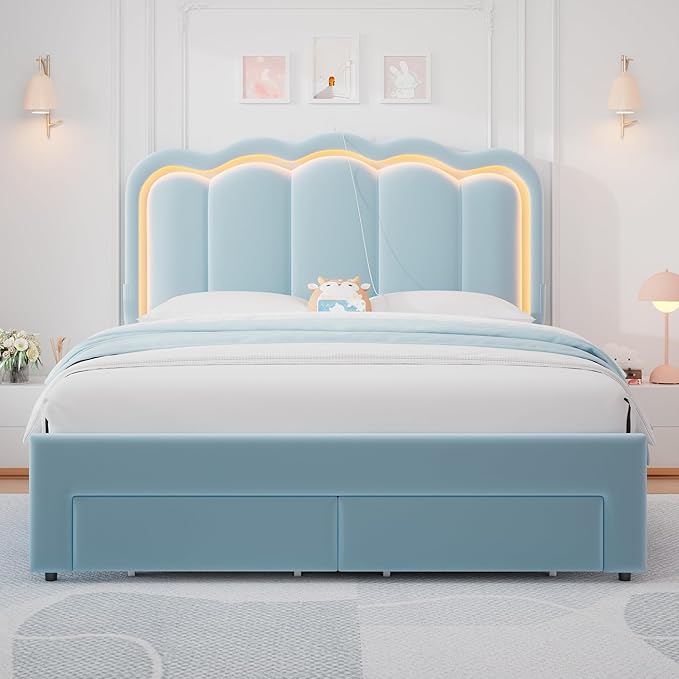 Queen Upholstered LED Bed Frame with 2 Storage Drawers and Adjustable Chic Double Wavy Headboard, Velvet Princess Platform Bed with Charing Station, Solid Wood Slats Support,No Box Spring Needed,Blue