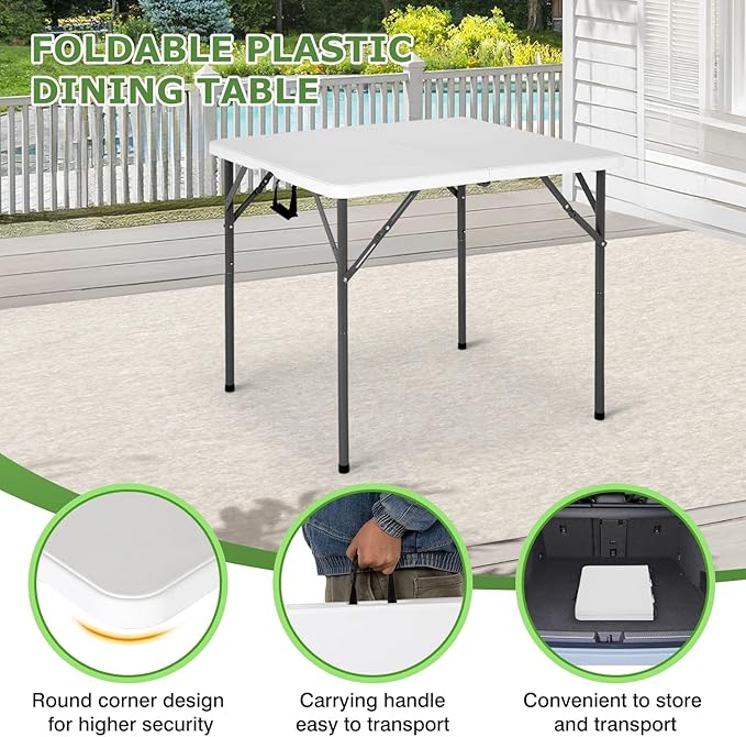 BestOffice Outdoor 34" Folding Card Table Plastic Table Portable Square Height Dining Table Perfect for Picnics,Parties,Party and Camping, White