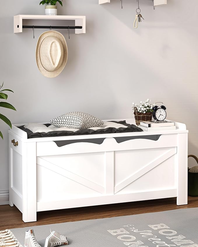 39.4" Storage Chest, Extra Large Storage Trunk with 2 Safety Hinges, Wooden Box Bench, Lift-Top Organizer Chest, Shoe Bench for Entryway, Bedroom, Living Room, White SB04503X