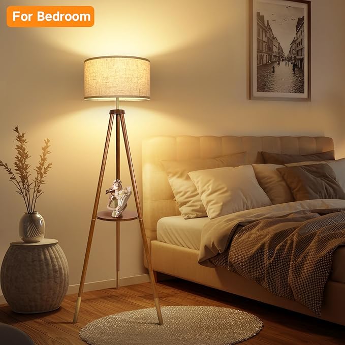 OUTON Wood Tripod Floor Lamp with Shelves, Mid Century Floor Lamp with Remote Control, 4 Color Temperature, LED Modern Dimmable Standing Lamp for Living Room, Bedroom, Office, Walnut & Gold