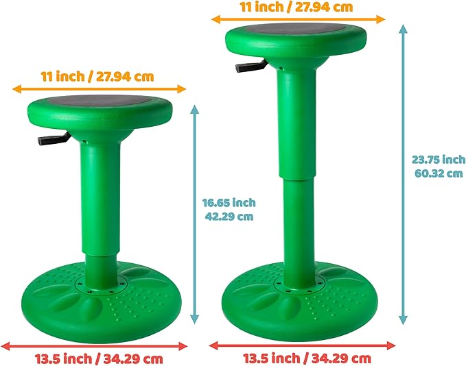 ActiveChairs Adjustable Wobble Stool, Flexible Classroom Seating, Improves Focus, Posture and Helps ADHD/ADD, Sensory Chair, Active Fidget Chairs Adjusts from 16.65" to 23.75" Ages 13-18 Green
