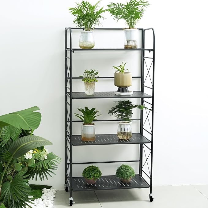 Foldable 4-Tier Metal Shelf with Wheels - Folding Bookshelf Unit for Living Room, Kitchen, Study 12.6" D x 23.6" W x 46.8" H, Matte Black
