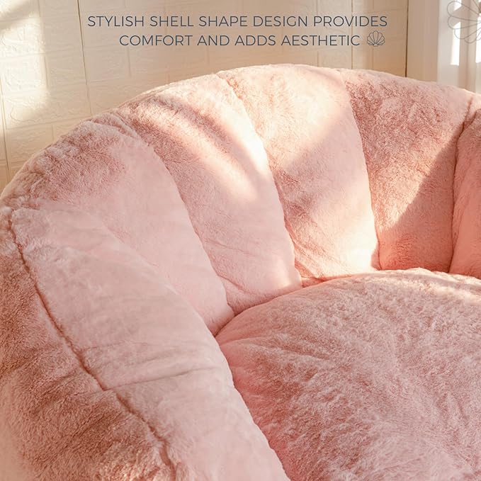 MAXYOYO Giant Bean Bag Chair, Oversized Bean Bag Couch for Adults and Kids, Faux Fur Shell-Shaped Large Chair with Filler, Stuffed Big Accent Sofa Lounge Floor Sofa for Gaming, Reading, Pink