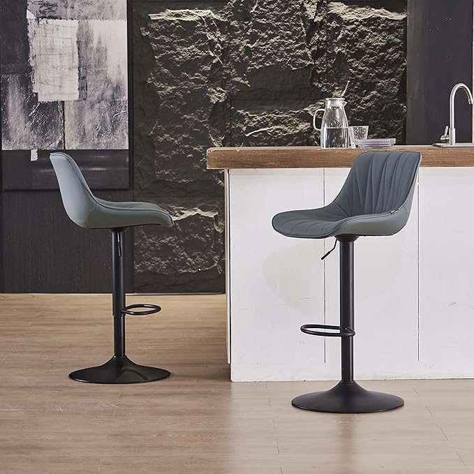 YOUNIKE Bar Stools Set of 2 for Kitchen Island, Greyblue Swivel Tall Barstools, Adjustable Bar Stool with Back, Leather Padded Bar Chairs, Modern Counter Height Stools with 300LBS Support