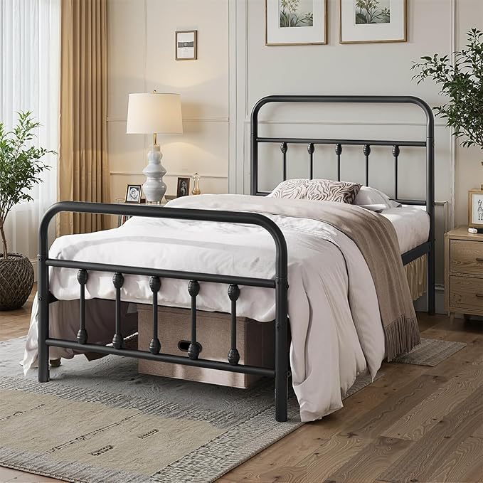 Twin Bed Frame-Classic Metal Platform Bed Frame Mattress Foundation with Victorian Style Iron-Art Headboard/Footboard/Storage Space/No Box Spring Needed/Black
