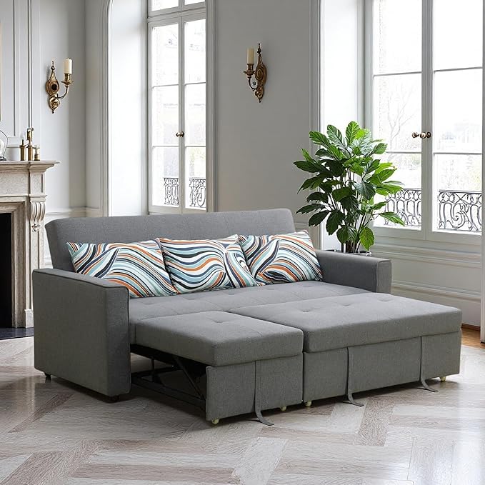 77 Inch Convertible Pull Out Sofa Bed, Sleeper Couch with Fluffy Fabric, 3 Seat Living Room Sofa Set with Adjustable Backrest for Living Room, Bedroom, Apartment, Grey