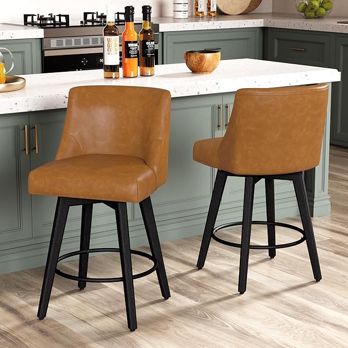 Counter Height Bar Stools Set of 6, Modern Swivel Barstools with Back and Wood Legs, Faux Leather Upholstered Bar Chairs, 26" H Kitchen Counter Stools, Kitchen Island Home Bar, Whisky Brown