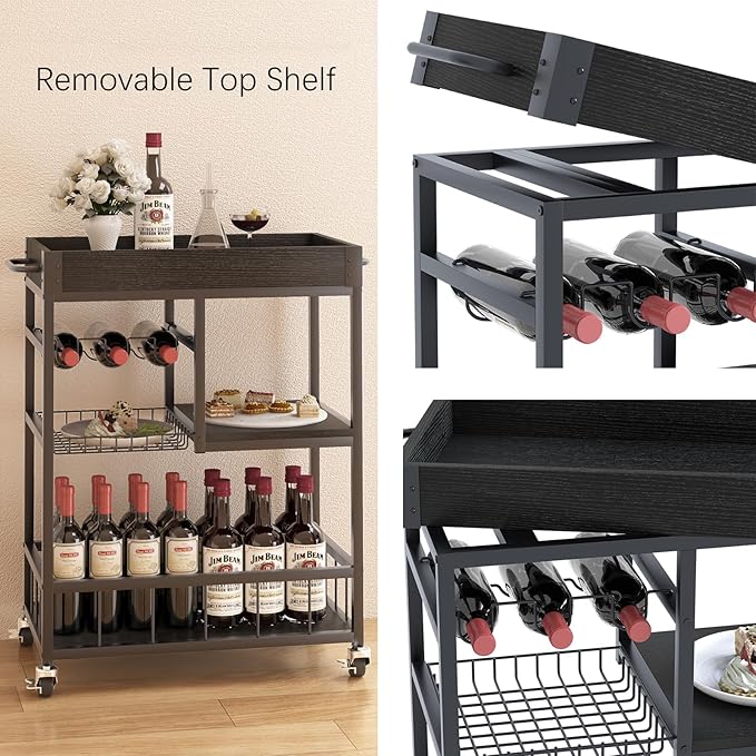 Bar Cart with Basket 3 Tiers Home Rolling Wine Rack with Wheels Mobile Kitchen Industrial Vintage Style Wood Metal Serving Trolley Serving Cart,Black Frame Home Kitchen Shelf for Party