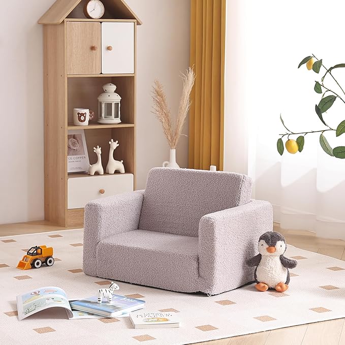 Tiita Kids Sofa, 2-in-1 Todder Couch, Convertible Children Couch to Lounger, Flip Out Kids Sofa Chair, Toddler Armrest Chair Bed, Folding Kids Play Sofa for Girl or Boy (Grey)