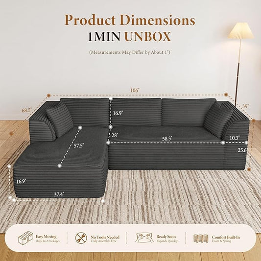 Vesgantti 106" Boneless Couch with Chaise, Deep Seat Comfy Cloud Modular Sofa Corduroy Memory Foam Sectional Couches for Living Room Bedroom, No Assembly Required (Grey, Left-Facing Chaise)