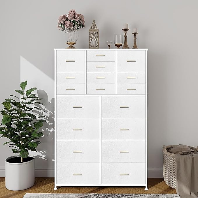 Large Dresser for Bedroom with 18 Drawers, Tall Fabric Storage Cabinet, Chest of Drawers for Closet, Nursery, Bedside, Living Room, Entryway, Hallway (White)
