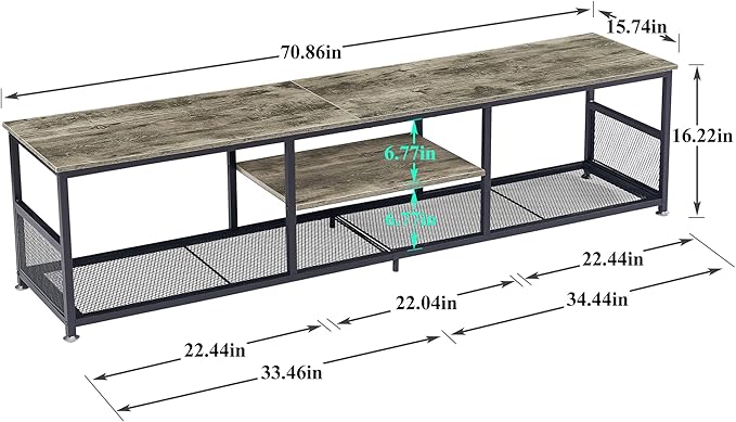 VECELO Industrial TV Stand for Televisions up to 80 Inch, 70" Entertainment Center with Open Storage Shelves for Living Room/Bedroom, 3 Tiers Media Console Table with Metal Frame, Grey, 70 Inches