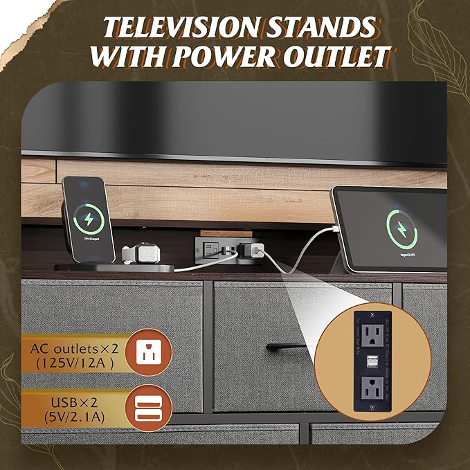WLIVE Dresser TV Stand with Power Outlets, Led Dresser for Bedroom, Fabric Chest of Drawers with Double Open Shelves, Wood Top, Steel Frame, 6 Drawer Dressers for Closet, Living Room, Dark Grey