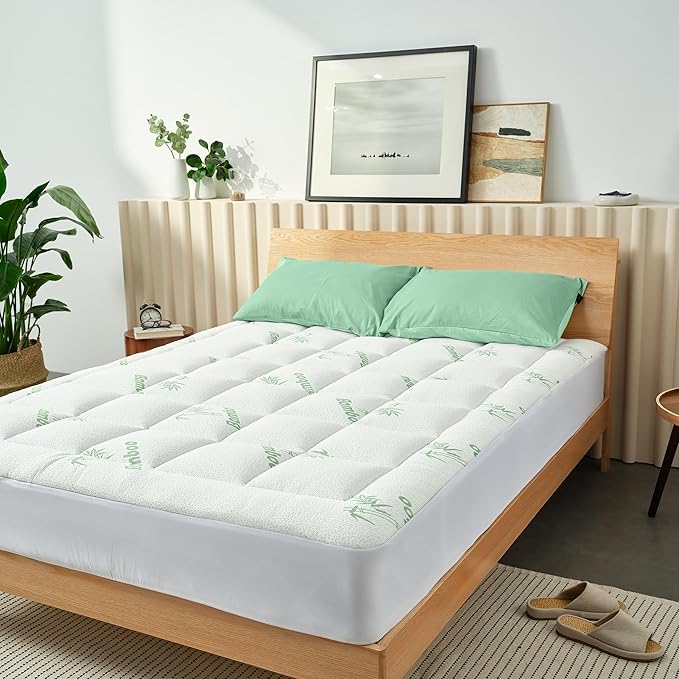 Ultra Soft Full Size Mattress Topper - Viscose Made from Bamboo Pillow Top Mattress Pad for Back Pain Relief - Naturally Cooling for Hot Sleepers, Green