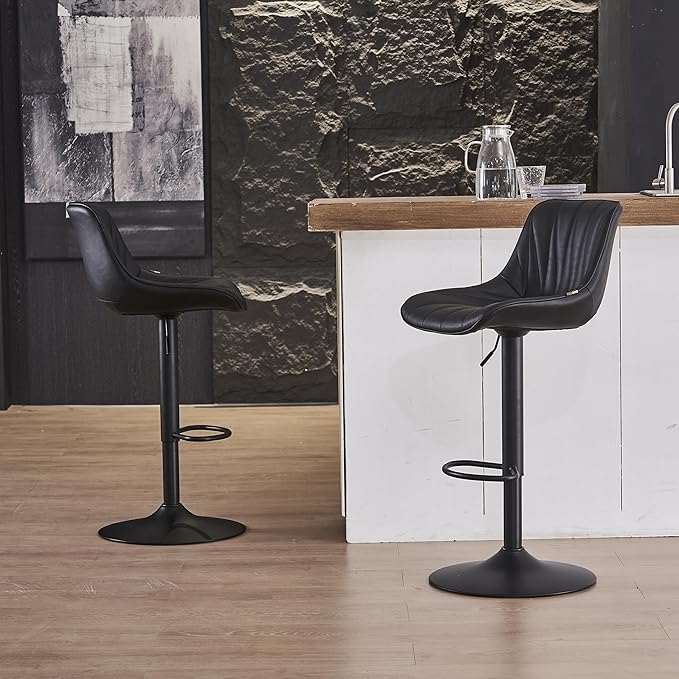YOUNIKE Bar Stools Set of 2 for Kitchen Island, Black Swivel Tall Bar Stools, Adjustable Barstools with Back, Faux Leather Padded Stools, Modern Counter Height Bar Chairs with 300LBS Support