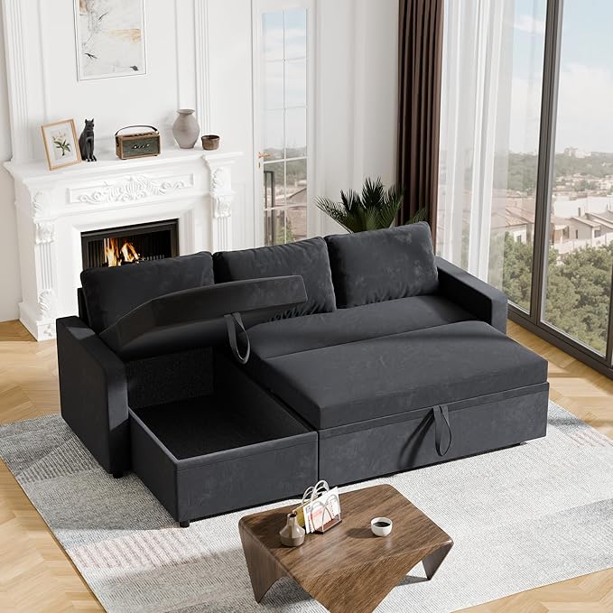 Sleeper Sofa Bed, Modular Sectional Couch with Pull Out Bed, L Shaped Sectional Convertible SofaBed with Storage Seat, for Living Room Apartment Bedroom Office Black Velvet