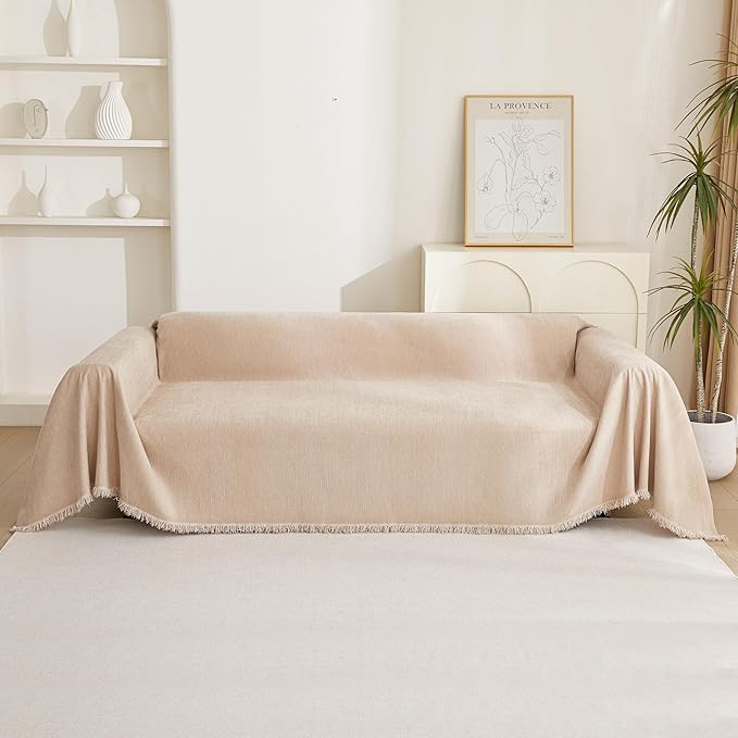 MYSKY HOME Couch Cover 2 Cushion Sofa with Tassel Chenille Sofa Covers for 2 Cushion Couch Sofa Slipcovers for Sectional l Shaped Couch Dogs Protector Furniture Covers, 71" X 118", Khaki
