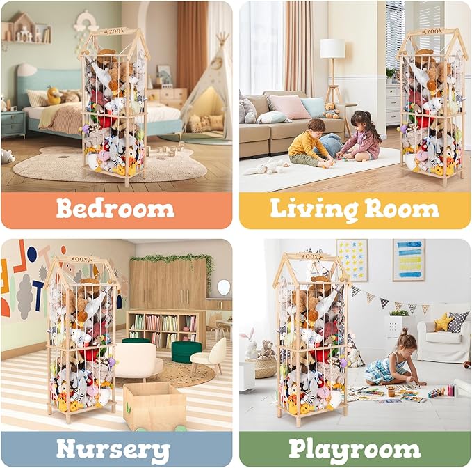Stuffed Animal Storage, Wooden Stuffed Animal Holder Stuffed Animal Zoo Organizer Cage with Large Capacity, Using for Storing Plushies on Nursery Playroom Bedroom Decor Corner