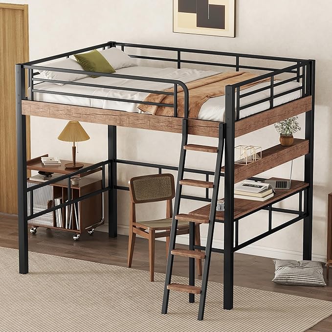Metal Full Size Loft Bed with Built-in Desk,Storage Shelf and Ladder,Full-Length Guardrails and Secured Metal Slats, High LoftBed W/Large Storage Space for Kids Teens Adults Bedroom,Black