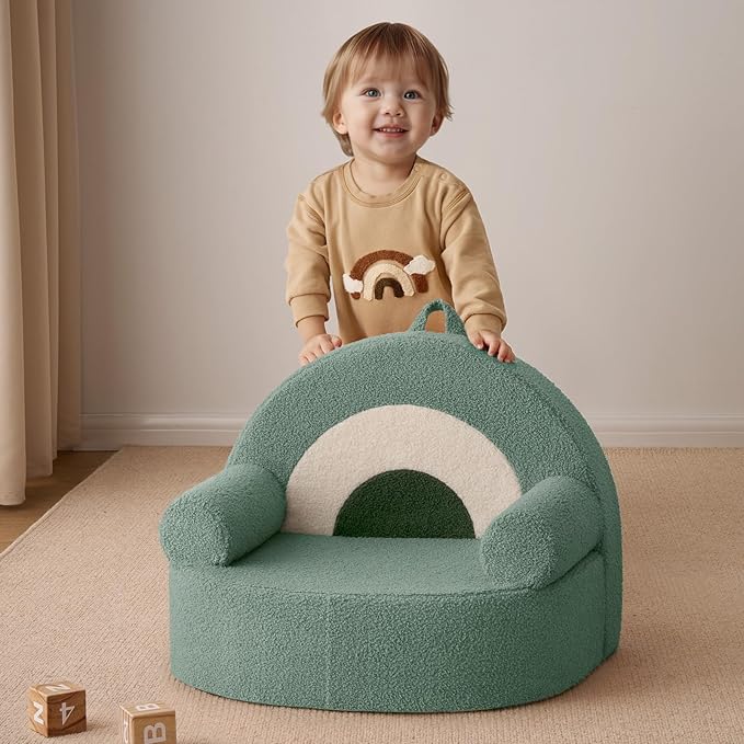 Blissful Diary Toddler Chair Comfy, Foam Kids Chair with Soft Teddy Plush, Toddler Reading Chair with Cute Arclet Designs- Sage Green