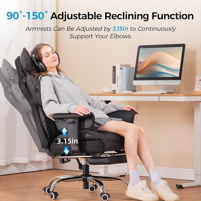 COMHOMA Big and Tall Office Chair 400LBS Wide Ergonomic Gaming Chair with Deluxe Embossing Leather with Foot Rest 150°Reclining Adjustable Armrests Pocket Spring Back Support and Without Pillow