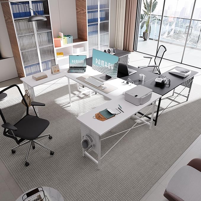 Pamray 71 Inch Large Computer Desk with Power Outlets,U Shaped Corner Desk for Home Office Work and Gaming Black