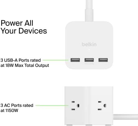 Belkin 6-Outlet Power Cube w/ 3 AC Outlets, 3 USB-A Ports, & 5ft Sturdy Extension Cord - Convenient Compact Cube for Home, Office, Travel, Desktop, & Phone Charger - 4.5 Amps