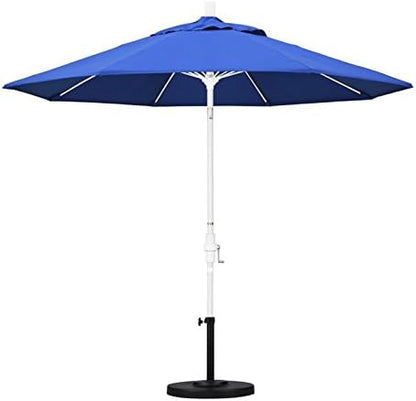 California Umbrella 9' Round Aluminum Pole Fiberglass Rib Market Umbrella, Crank Lift, Collar Tilt, White Pole, Royal Blue Olefin