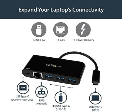 StarTech.com USB C to Ethernet Adapter - 3 Port - with Power Delivery (USB PD) - Power Pass Through Charging - USB C Adapter (US1GC303APD) Black