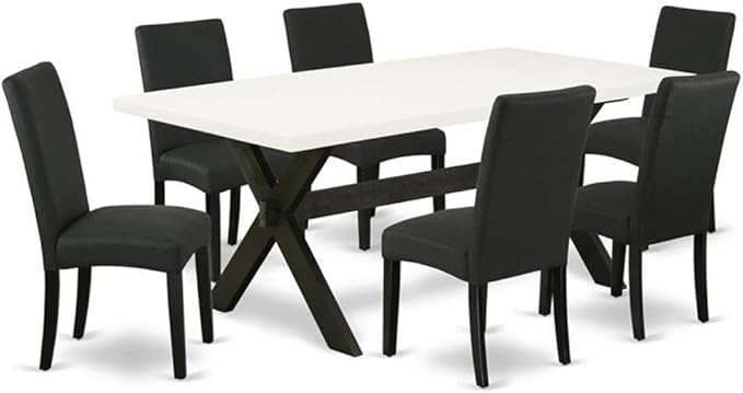 East West Furniture X627DR124-7 7 Piece Dining Room Furniture Set Consist of a Rectangle Dining Table with X-Legs and 6 Black Color Linen Fabric Upholstered Chairs, 40x72 Inch, Multi-Color