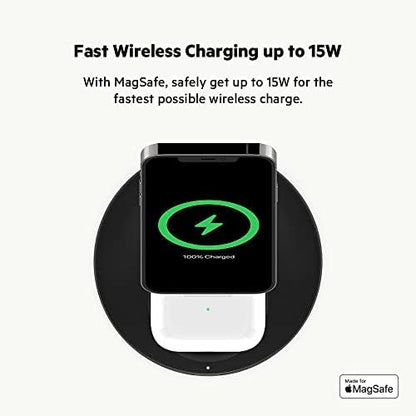 Belkin MagSafe 2-in-1 Wireless Charging Stand for Apple iPhone 17, iPhone 16, iPhone 15, iPhone 14 Series & AirPods - MagSafe Fast Charging Station for Multiple Devices - Black (Certified Refurbished)