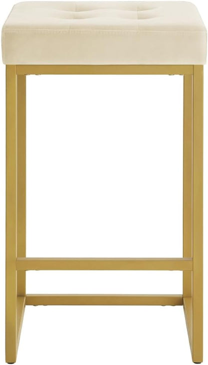 24KF Contemporary Counter Height Bar Stool Set of 2 for Kitchen Island, 26" H Velvet Padded Gold Barstool Bar Chair,5066-Cream